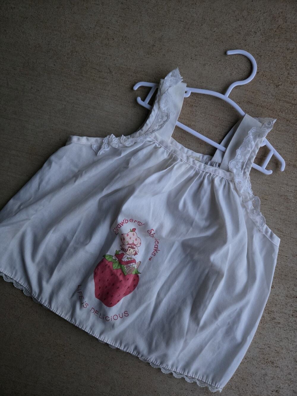 Vintage Strawberry Shortcake Girls Lace Trim Graphic Tank Top 3T White Linen